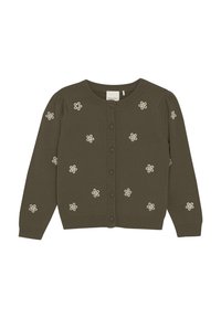 Olivenfarget cardigan med ribbestrikket krage og mansjetter, pyntet med hvite broderte blomster og matchende knapper foran.