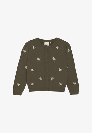 Olijfgroene cardigan met een geribde kraag en mouwen, versierd met witte geborduurde bloemen en bijpassende knopen aan de voorkant.