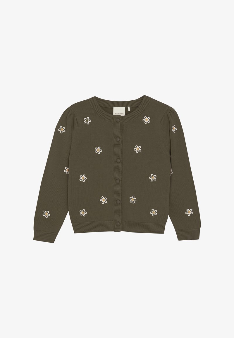 Olivenfarget cardigan med ribbestrikket krage og mansjetter, pyntet med hvite broderte blomster og matchende knapper foran.