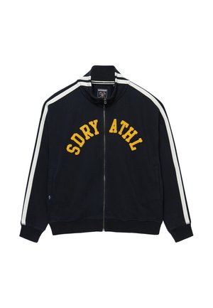 Navy zip-up jacket with white shoulder stripes and yellow "SDRY ATHL" text across the chest, featuring a high collar and side pockets.
