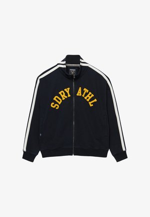 Navy zip-up jacket with white shoulder stripes and yellow "SDRY ATHL" text across the chest, featuring a high collar and side pockets.