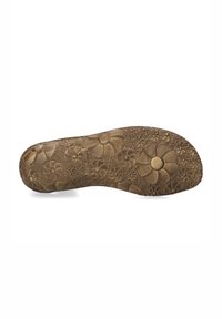 Suola di scarpa in gomma marrone con motivo floreale e dettagli in rilievo. Texture liscia con una leggera lucentezza e design a punta arrotondata.