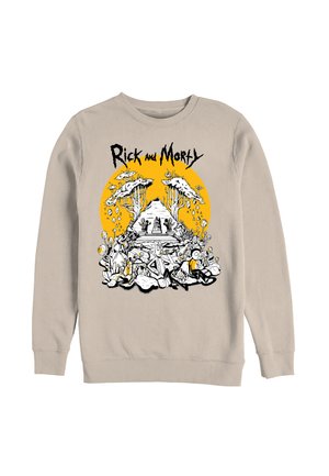 Lysegrå sweatshirt med sorte og hvide Rick og Morty-figurer og landskab med en stor orange cirkel i baggrunden og tekst ovenover.