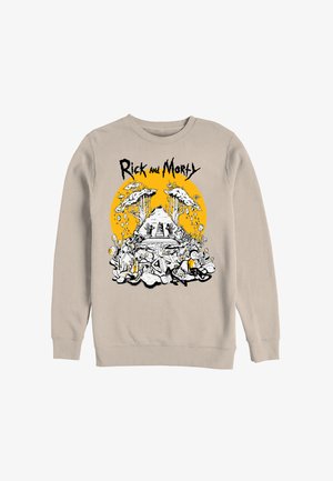 Jasnoszara bluza z postaciami i krajobrazem z serialu Rick and Morty w czarno-białych kolorach, na tle dużego pomarańczowego koła, z napisem u góry.