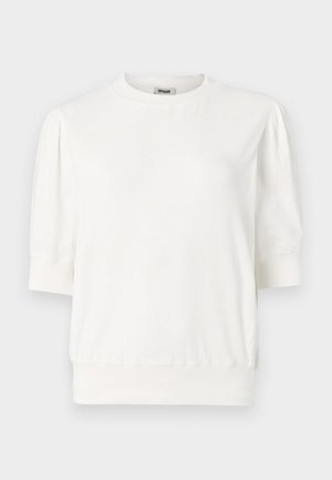 Weißes Kurzarm-Pullover-Oberteil mit rundem Halsausschnitt, gerafften Ärmeln und einer taillierten Taille. Aus weichem Stoff gefertigt.