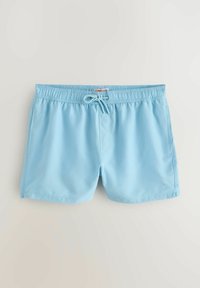 Shorts de bain bleu clair en tissu lisse, dotés d'une ceinture élastique avec un cordon de serrage et d'un petit logo de palmier.