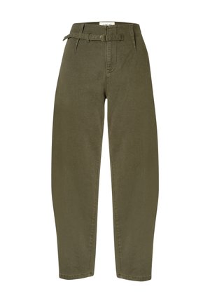 Olivengroene wijde broek van een katoenmix, met een ceintuur in de taille, voorzakken en een textuurafwerking.