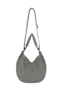 Grau Wildleder Schultertasche mit runder Unterseite, kurzen gepolsterten Griffen und einem langen verstellbaren Schulterriemen.