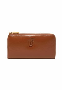 Portafoglio in pelle marrone con una texture liscia, dotato di una cerniera dorata e un logo in rilievo sulla parte anteriore. Forma rettangolare, design funzionale e compatto.