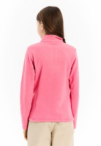Roze fleece pullover met een hoge kraag, lange mouwen en een zachte textuur. Heeft een rechte zoom en een eenvoudig ontwerp, geschikt voor het laagjesprincipe.