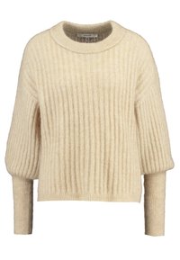 Maglione crema con texture a costine, scollatura rotonda e maniche a palloncino. Realizzato in materiale morbido, con una vestibilità ampia e lunghezza cropped.