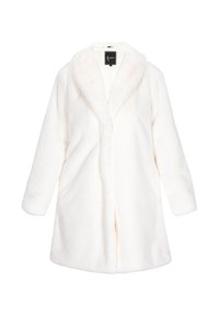 Cappotto lungo in pelliccia sintetica bianca con colletto ampio e maniche lunghe, esposto su sfondo bianco semplice.