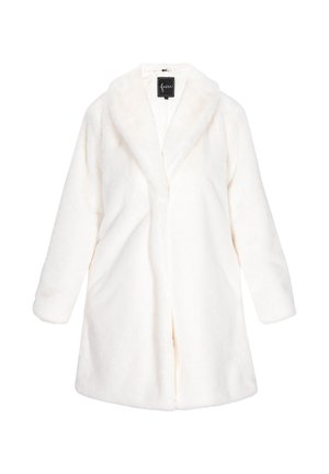 Witte faux fur lange jas met brede kraag en lange mouwen, gepresenteerd op een effen witte achtergrond.