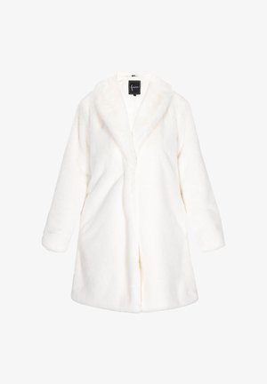 Weißer Kunstfell-Langmantel mit breitem Kragen und langen Ärmeln, auf einem schlichten weißen Hintergrund präsentiert.