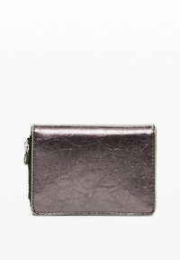 Metallic grey wallet with a smooth, crinkled texture, featuring a zip closure on the side and a rectangular shape.
