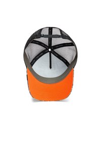 Mesh-backed cap with an orange brim, black band, and interior featuring repeating text pattern. Textured fabric on the outer surface.
