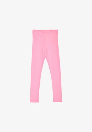 Leggings per bambini rosa tinta unita con vita aderente e gambe lunghe e slim, mostrati distesi su sfondo bianco.