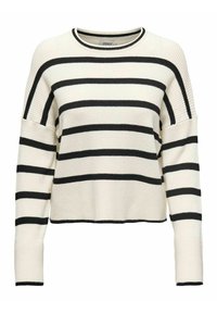 Pull à rayures noir et blanc avec une texture côtelée, un col rond et des coutures d'épaule tombantes. Coupe courte avec un ourlet contrastant.