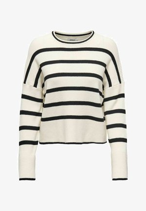 Pull à rayures noir et blanc avec une texture côtelée, un col rond et des coutures d'épaule tombantes. Coupe courte avec un ourlet contrastant.