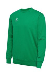 Green long-sleeve crewneck sweatshirt with ribbed cuffs and hem, featuring a small white Hummel logo on the left chest.