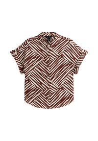 Camisa de manga corta abotonada con un patrón de rayas marrones y crema, que presenta un cuello con solapas y un corte relajado. Tejido texturizado.