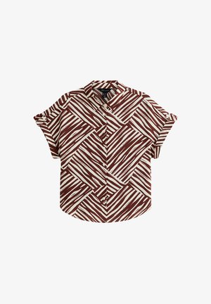 Koszula na krótki rękaw zapinana na guziki w brązowo-kremowy w paski, z kołnierzykiem i luźnym krojem. Teksturowana tkanina.