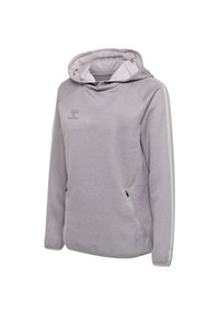Felpa leggera viola con tasca a marsupio, cappuccio con coulisse e strisce bianche sui lati. Presenta un tessuto morbido e testurizzato e un logo stampato.