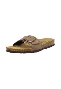 Brown suede slide sandal featuring a wide strap with a metal buckle, cork footbed, and textured black rubber sole.