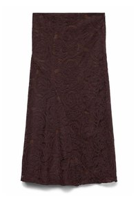 Tume burgundi värvi pitsseelik keeruka paisley mustriga, keskmise pikkusega ja poolläbipaistva tekstuuriga.