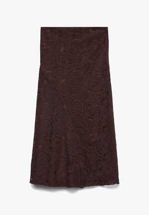 Mežģīņu svārki tumši burgundijas krāsā ar sarežģītu paisley rakstu, vidēja garuma griezumu un daļēji caurspīdīgu tekstūru.