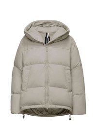 Lichtgrijze pufferjack met een capuchon, ritsluiting en elastische trekkoord aan de onderkant. Kenmerken zijn de doorgestikte textuur en zijzakken.