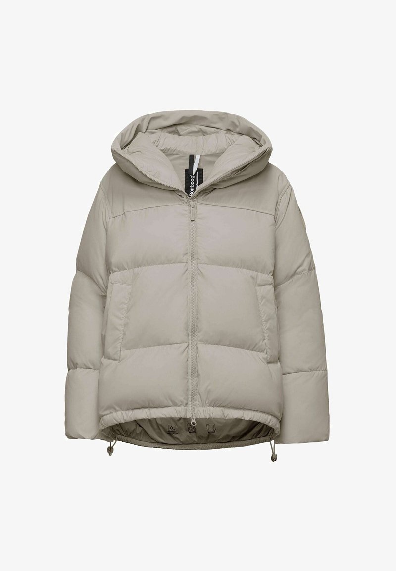 Lichtgrijze pufferjack met een capuchon, ritsluiting en elastische trekkoord aan de onderkant. Kenmerken zijn de doorgestikte textuur en zijzakken.