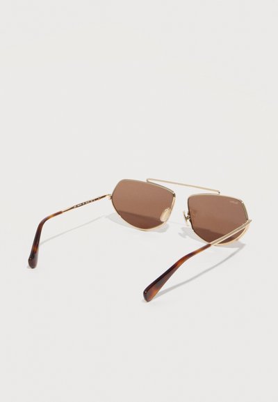 Γυαλιά ηλίου με χρυσό μεταλλικό σκελετό, καφετί γεωμετρικούς φακούς με απόχρωση και άκρα ναών με μοτίβο χελώνας σε ουδέτερο φόντο.