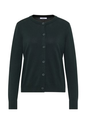 Donkergroen lange mouwen button-up cardigan met ronde halslijn en geribbelde manchetten, voorzien van zes bijpassende knopen aan de voorkant.