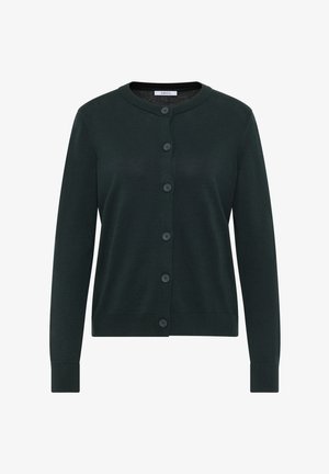 Ciemnozielony kardigan z długim rękawem, zapinany na guziki, z okrągłym dekoltem i ribbowymi mankietami, z sześcioma pasującymi guzikami z przodu.