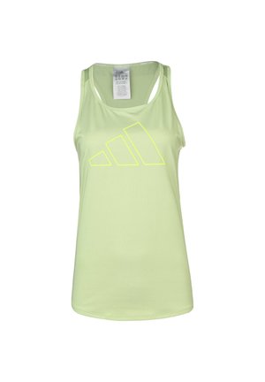 Jasnozielony sportowy tank top bez rękawów z żółtym logo Adidas na piersi i z tyłem typu racerback.