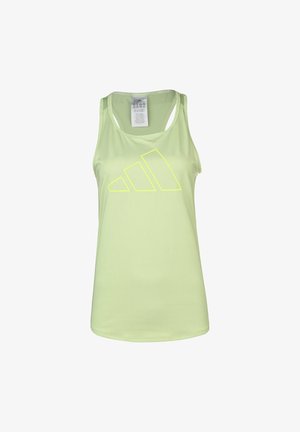 Camiseta deportiva sin mangas de color verde claro con el logo amarillo de Adidas en el pecho y diseño de espalda nadadora.