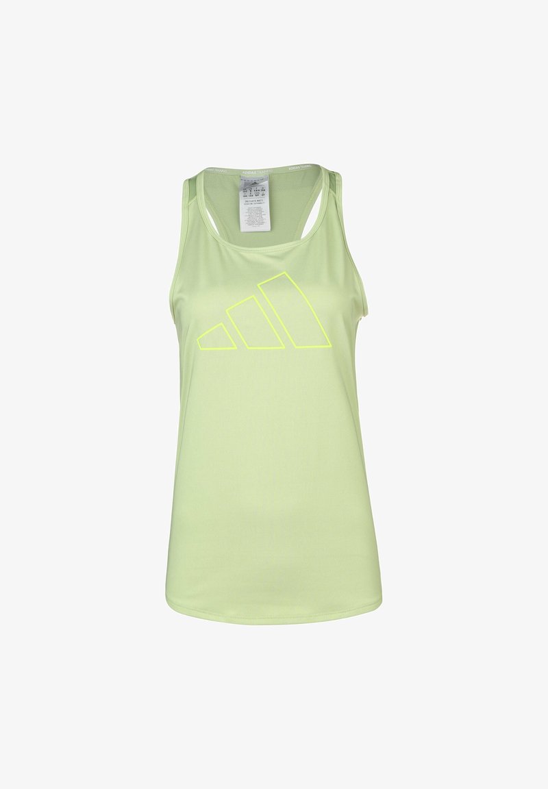 Débardeur de sport sans manches vert clair avec un logo Adidas jaune sur la poitrine et un design dos nageur.