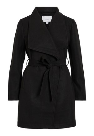 Manteau noir en trench avec un design enveloppant, col surdimensionné, taille ceinturée et deux poches latérales. Fabriqué en tissu texturé pour la chaleur et le style.