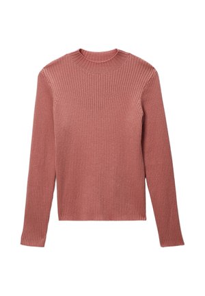 Pull à manches longues côtelé en rose doux, avec un col rond et un ourlet court. Tissu texturé avec une coupe ajustée.