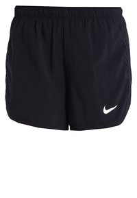 Pantalones cortos deportivos negros hechos de tela ligera. Cuentan con una cintura elástica y un logo blanco de Nike en el lado inferior izquierdo.