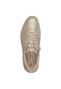 Light gold sneaker with a smooth, metallic finish, featuring a lace-up design, side zipper, and a white rubber sole.