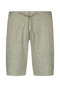 Lichtgrijze shorts van een textuurstof, met een elastische tailleband en verstelbaar trekkoord met metalen punten. Mid-thigh lengte.