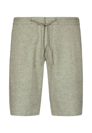 Helle graue Shorts aus strukturiertem Stoff, mit elastischem Bund und verstellbarem Kordelzug mit Metallenden. Mittlere Oberschenkellänge.