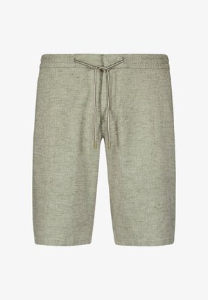 Lichtgrijze shorts van een textuurstof, met een elastische tailleband en verstelbaar trekkoord met metalen punten. Mid-thigh lengte.