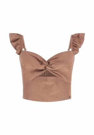 Top corto marrone con fronte annodata, spalline arricciate e un piccolo ritaglio sotto il seno.