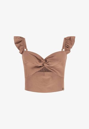 Top corto marrone con fronte annodata, spalline arricciate e un piccolo ritaglio sotto il seno.