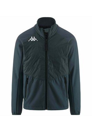 Giacca zippata verde scuro con una sezione superiore testurizzata, due tasche laterali e un logo bianco sulla parte sinistra del petto. Tessuto liscio.