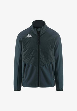 Giacca zippata verde scuro con una sezione superiore testurizzata, due tasche laterali e un logo bianco sulla parte sinistra del petto. Tessuto liscio.