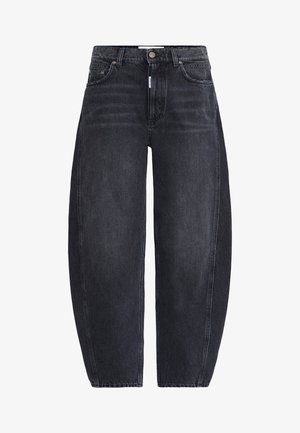 Tamsiai mėlynos džinsinės kelnės su laisvu siluetu, turinčios klasikinį penkių kišenėlių dizainą, užtrauktuką ir mygtuko uždarymą bei matomus siuvimo akcentus.